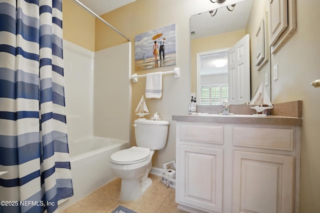 1077 Waterfall Dr, Jacksonville, FL 32225 - bathroom with a textured ceiling, toilet, vanity, shower / tub combo with curtain, and tile patterned floors