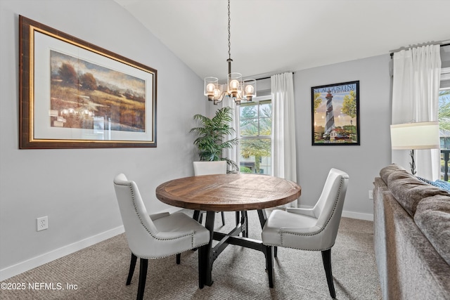 955 Registry Blvd Unit 306, Saint Augustine, FL 32092 - dining area with a chandelier, carpet flooring, baseboards, and vaulted ceiling