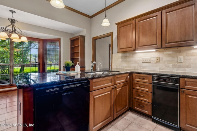8127 Middle Fork Ln, Jacksonville, FL 32256 - kitchen featuring a sink, light tile patterned floors, ornamental molding, black dishwasher, and brown cabinets