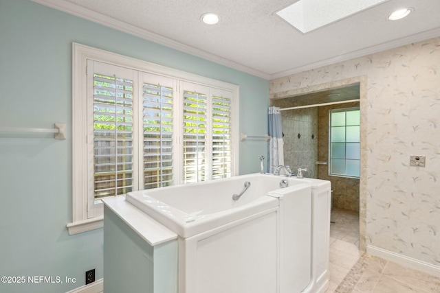 8127 Middle Fork Ln, Jacksonville, FL 32256 - bathroom with crown molding, a tile shower, a bath, baseboards, and recessed lighting