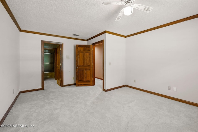 8127 Middle Fork Ln, Jacksonville, FL 32256 - unfurnished bedroom featuring a textured ceiling, light colored carpet, baseboards, crown molding, and a ceiling fan
