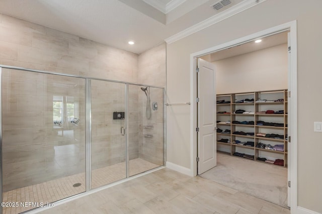 70 Pavo Cir, Saint Johns, FL 32259 - full bath with ornamental molding, a stall shower, baseboards, a spacious closet, and recessed lighting