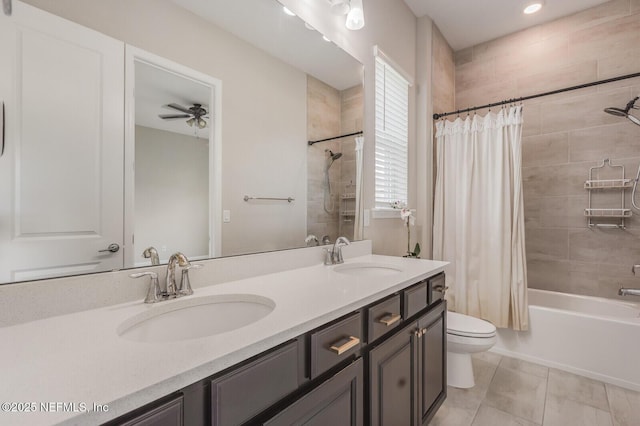 70 Pavo Cir, Saint Johns, FL 32259 - bathroom featuring toilet, shower / bathtub combination with curtain, double vanity, a ceiling fan, and tile patterned floors