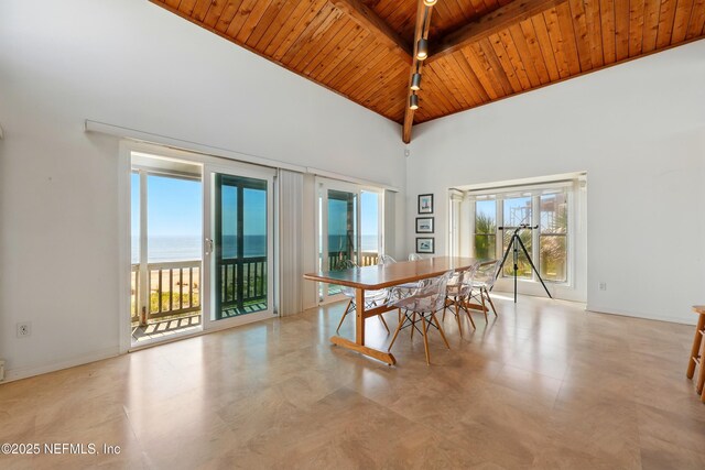 2605 S Ponte Vedra Blvd, Ponte Vedra Beach, FL 32082 - dining room featuring wooden ceiling with exposed beams, a towering ceiling, a water view, and baseboards