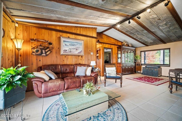 153 Jaffa Rd, Crescent City, FL 32112 - living area with track lighting, tile patterned flooring, and wooden walls