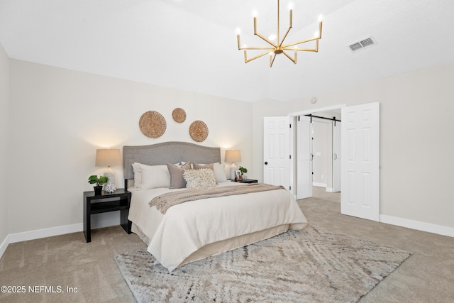 1008 Durbin Parke Dr, Saint Johns, FL 32259 - bedroom with carpet, a chandelier, baseboards, a barn door, and vaulted ceiling