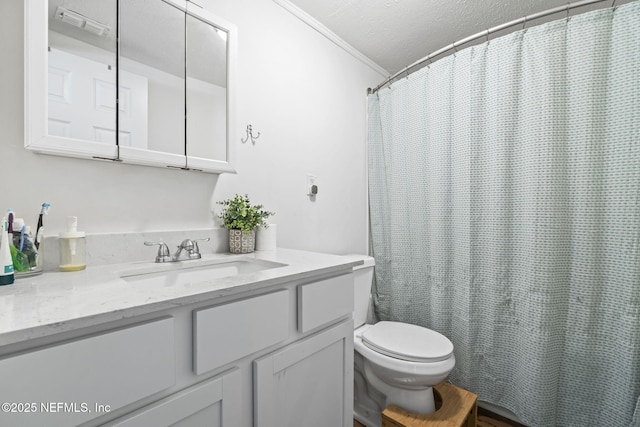 9160 Wild Rd, Jacksonville, FL 32220 - full bathroom with vanity, toilet, ornamental molding, a textured ceiling, and a shower with curtain