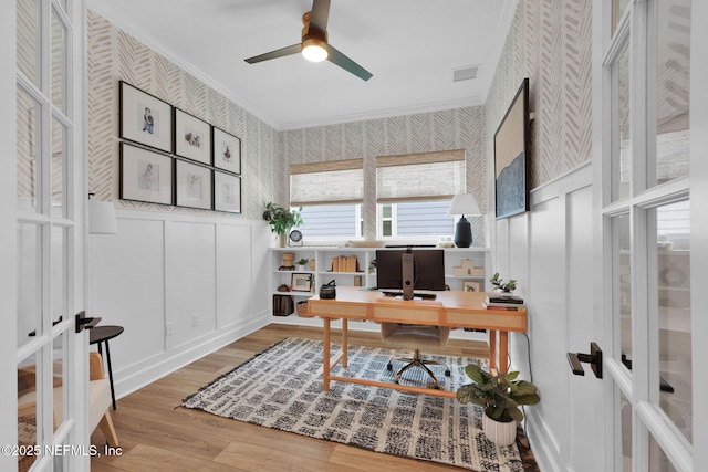 95 Farmers Branch Ave, Ponte Vedra, FL 32081 - office space featuring wallpapered walls, ceiling fan, wood finished floors, ornamental molding, and a decorative wall