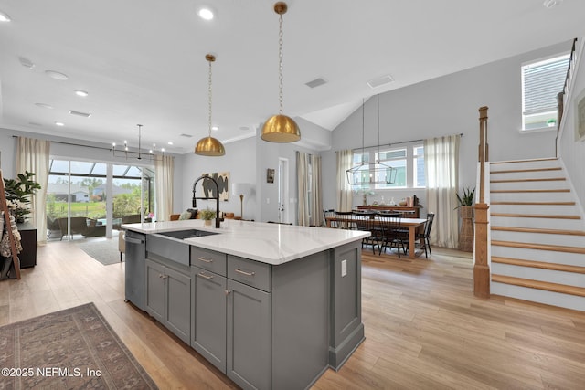 95 Farmers Branch Ave, Ponte Vedra, FL 32081 - kitchen featuring gray cabinets, a sink, a chandelier, plenty of natural light, and recessed lighting