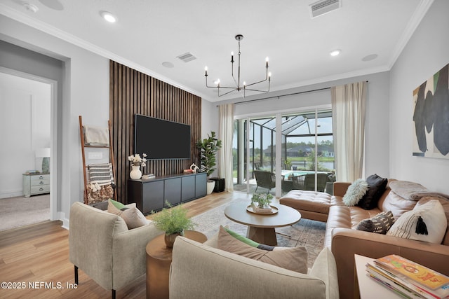95 Farmers Branch Ave, Ponte Vedra, FL 32081 - living room with ornamental molding, light wood-style flooring, a chandelier, recessed lighting, and baseboards