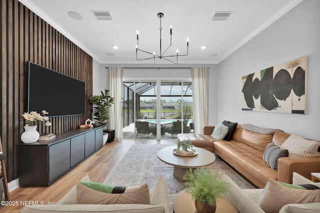 95 Farmers Branch Ave, Ponte Vedra, FL 32081 - living room featuring light wood finished floors, ornamental molding, a chandelier, recessed lighting, and a sunroom
