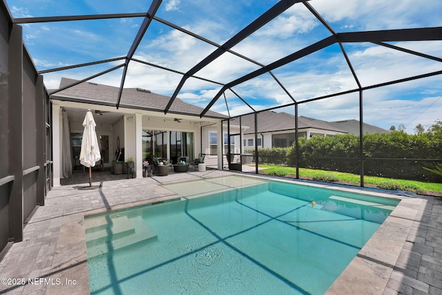 95 Farmers Branch Ave, Ponte Vedra, FL 32081 - outdoor pool with a patio, ceiling fan, and glass enclosure