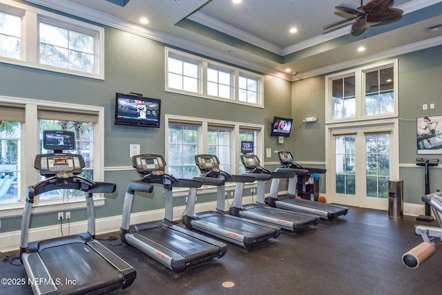 95 Farmers Branch Ave, Ponte Vedra, FL 32081 - gym with crown molding, ceiling fan, a high ceiling, recessed lighting, and baseboards