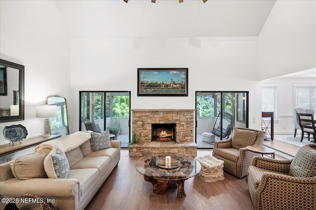 404 Camelia Trl, Saint Augustine, FL 32086 - living area featuring high vaulted ceiling, wood-type flooring, healthy amount of natural light, and a fireplace