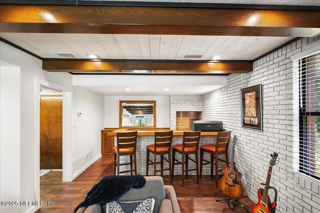 404 Camelia Trl, Saint Augustine, FL 32086 - indoor bar with brick wall, baseboards, wood finished floors, wood ceiling with exposed beams, and recessed lighting