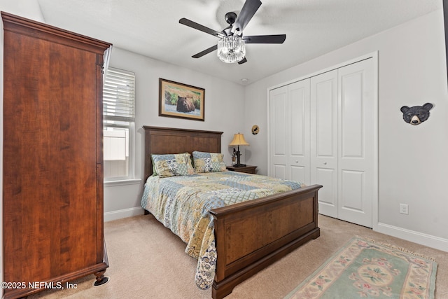 68 Cabana Dr, Ponte Vedra, FL 32081 - bedroom featuring baseboards, light colored carpet, a closet, and ceiling fan