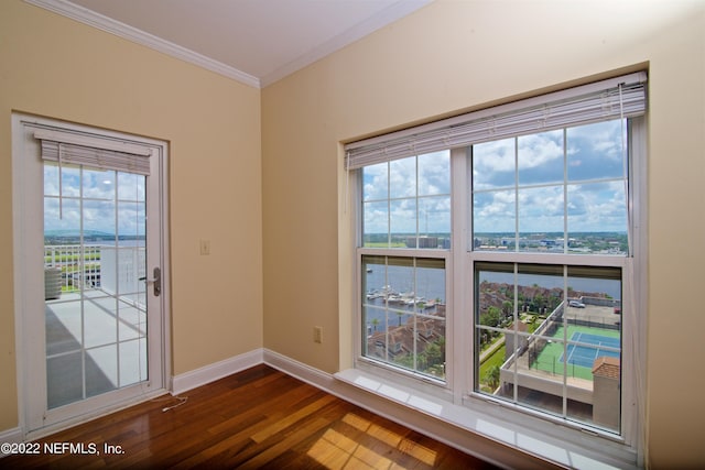 400 E Bay St Unit 1010, Jacksonville, FL 32202 - spare room featuring ornamental molding, dark wood-type flooring, healthy amount of natural light, and baseboards