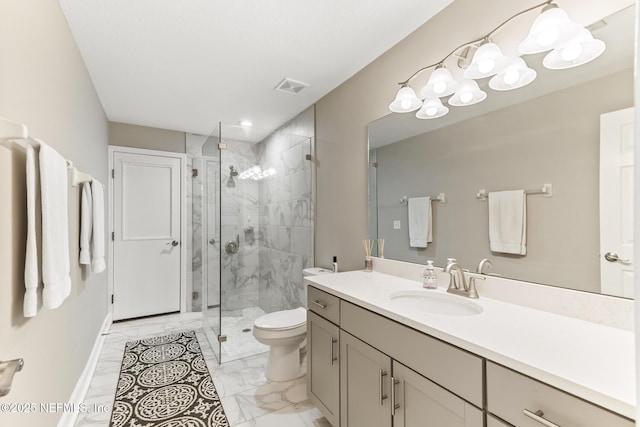 3820 Danforth Dr W, Jacksonville, FL 32224 - bathroom with marble finish floors, toilet, a stall shower, and vanity