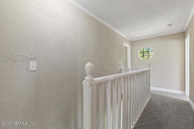 2718 Parkrus Ln, Jacksonville, FL 32208 - hall featuring a textured wall, ornamental molding, a textured ceiling, carpet, and baseboards