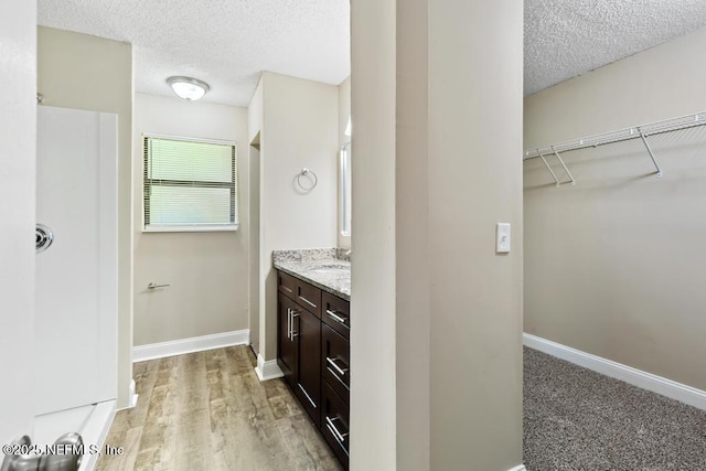 2718 Parkrus Ln, Jacksonville, FL 32208 - bathroom with a textured ceiling, vanity, baseboards, a spacious closet, and wood finished floors