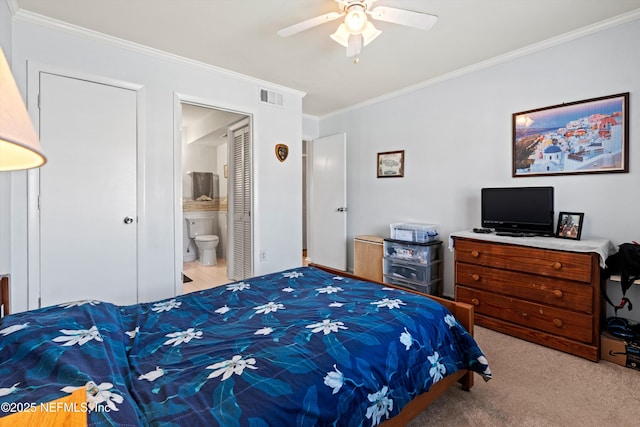 2327 Costa Verde Blvd Unit 201, Jacksonville Beach, FL 32250 - bedroom with crown molding, carpet floors, ensuite bath, and a ceiling fan