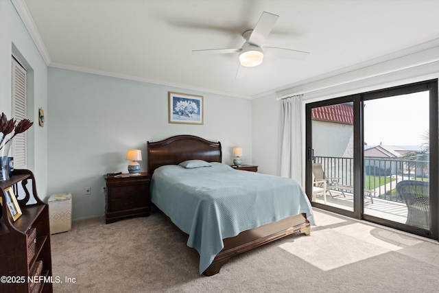 2327 Costa Verde Blvd Unit 201, Jacksonville Beach, FL 32250 - bedroom with access to exterior, crown molding, carpet, ceiling fan, and baseboards