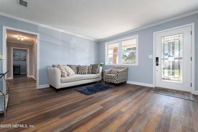 5253 Royce Ave, Jacksonville, FL 32205 - living room with dark wood-style flooring, crown molding, and baseboards
