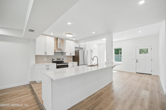 6114 Suwanee Rd, Jacksonville, FL 32217 - kitchen with wall chimney exhaust hood, appliances with stainless steel finishes, a sink, white cabinets, and light wood-style flooring