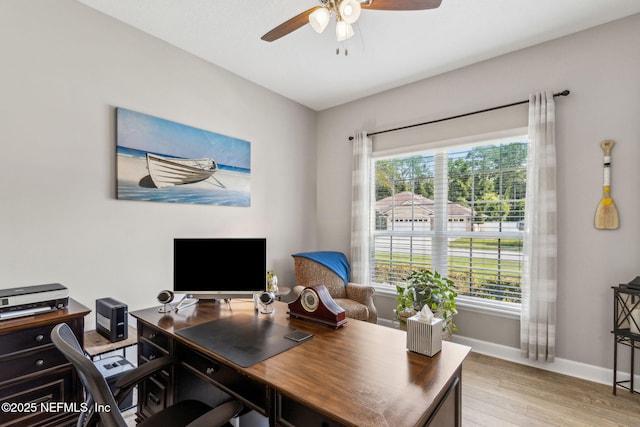 32479 Willow Parke Cir, Fernandina Beach, FL 32034 - home office with a ceiling fan, light wood finished floors, and baseboards