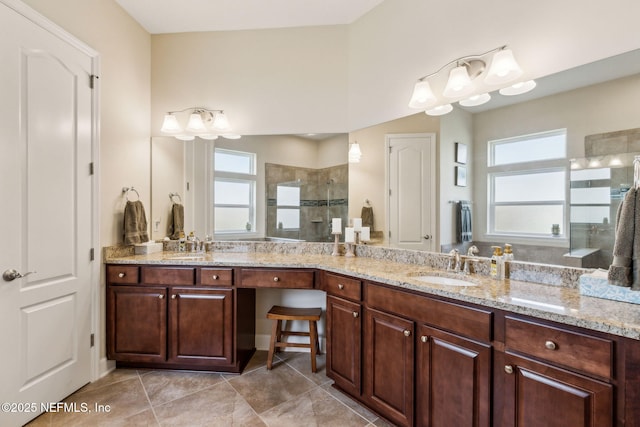 32479 Willow Parke Cir, Fernandina Beach, FL 32034 - bathroom featuring a stall shower, double vanity, and tile patterned flooring