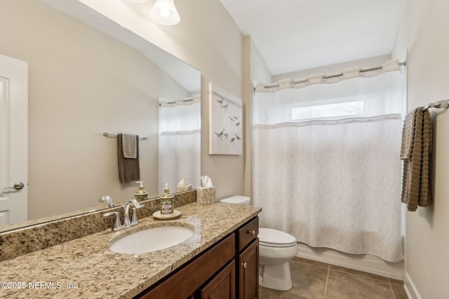 32479 Willow Parke Cir, Fernandina Beach, FL 32034 - bathroom with vanity, toilet, tile patterned flooring, shower / tub combo with curtain, and baseboards