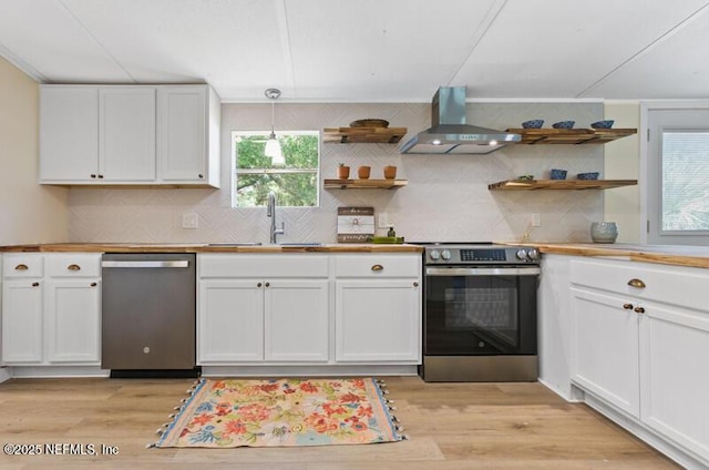 2022 Guava Ln, Bunnell, FL 32110 - kitchen with stainless steel appliances, wall chimney exhaust hood, open shelves, a sink, and decorative backsplash