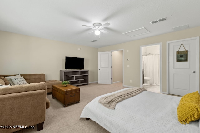 79653 Plummers Creek Dr, Yulee, FL 32097 - bedroom with attic access, light carpet, connected bathroom, ceiling fan, and baseboards