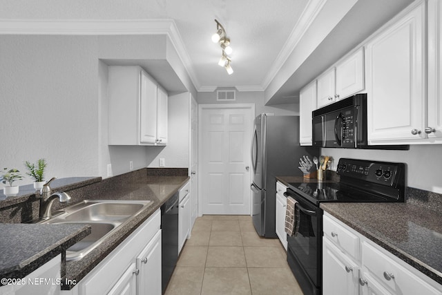 430 Timberwalk Ct Unit 1023, Ponte Vedra Beach, FL 32082 - kitchen featuring black appliances, white cabinetry, a sink, light tile patterned flooring, and crown molding