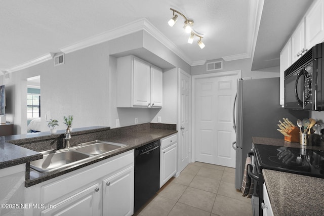 430 Timberwalk Ct Unit 1023, Ponte Vedra Beach, FL 32082 - kitchen featuring black appliances, a sink, dark countertops, white cabinets, and ornamental molding