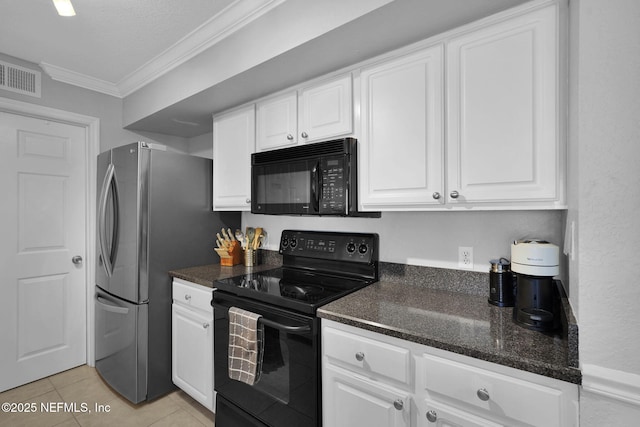 430 Timberwalk Ct Unit 1023, Ponte Vedra Beach, FL 32082 - kitchen with black appliances, crown molding, white cabinets, light tile patterned floors, and a textured ceiling