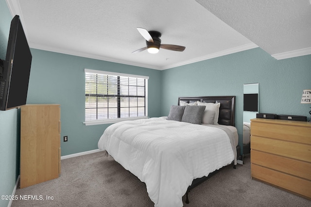 430 Timberwalk Ct Unit 1023, Ponte Vedra Beach, FL 32082 - carpeted bedroom featuring ornamental molding, a textured ceiling, ceiling fan, and baseboards