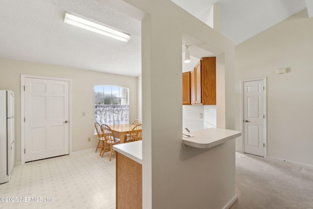 4585 Arrow Wind Ln, Jacksonville, FL 32258 - kitchen featuring brown cabinets, light countertops, lofted ceiling, a peninsula, and light colored carpet
