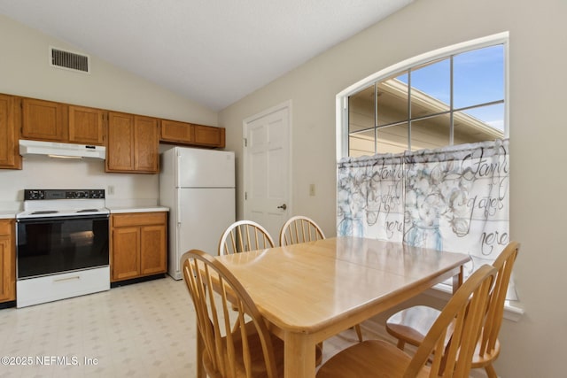 4585 Arrow Wind Ln, Jacksonville, FL 32258 - kitchen featuring white appliances, under cabinet range hood, brown cabinetry, vaulted ceiling, and light countertops