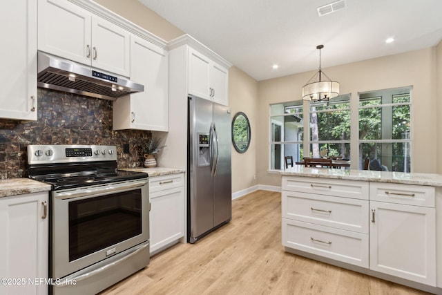 86569 N Hampton Club Way, Fernandina Beach, FL 32034 - kitchen featuring stainless steel appliances, under cabinet range hood, white cabinetry, light wood finished floors, and tasteful backsplash