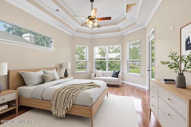 2347 W Clovelly Ln, Saint Augustine, FL 32092 - bedroom featuring ornamental molding, a tray ceiling, light wood-style floors, baseboards, and ceiling fan