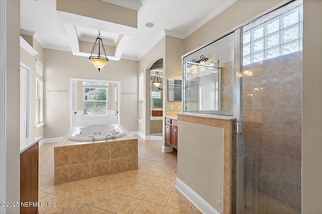 2347 W Clovelly Ln, Saint Augustine, FL 32092 - full bathroom with crown molding, a tub with jets, vanity, tile patterned floors, and a stall shower