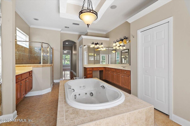 2347 W Clovelly Ln, Saint Augustine, FL 32092 - full bathroom featuring a shower stall, a jetted tub, vanity, tile patterned floors, and ornamental molding