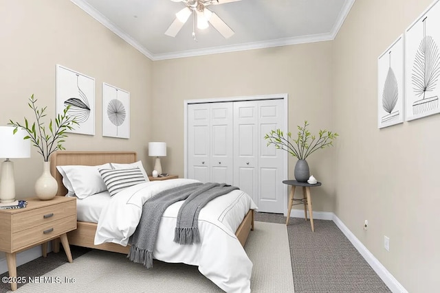 2347 W Clovelly Ln, Saint Augustine, FL 32092 - bedroom with ornamental molding, a closet, carpet flooring, baseboards, and a ceiling fan