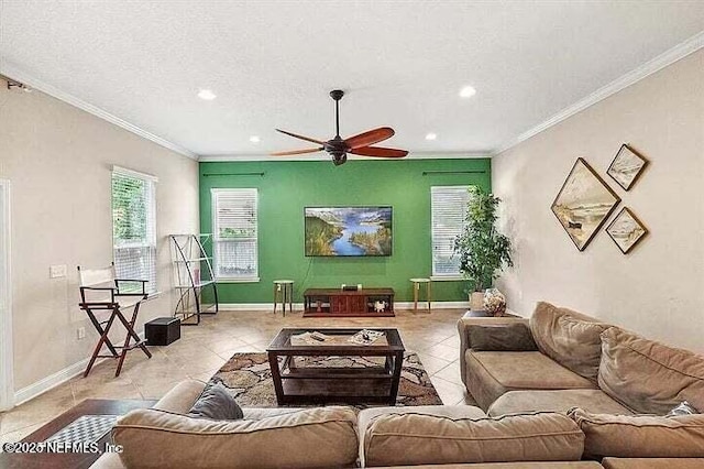 97163 Bluff View Cir, Yulee, FL 32097 - tiled living area with recessed lighting, crown molding, healthy amount of natural light, a ceiling fan, and a textured ceiling