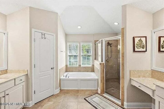 97163 Bluff View Cir, Yulee, FL 32097 - bathroom featuring a garden tub, a shower stall, vanity, tile patterned floors, and recessed lighting