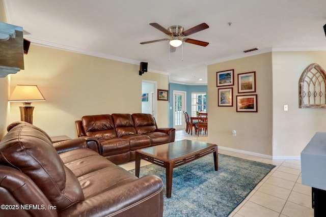 1655 The Greens Way Unit 3416, Jacksonville Beach, FL 32250 - living area with crown molding, ceiling fan, light tile patterned floors, and baseboards