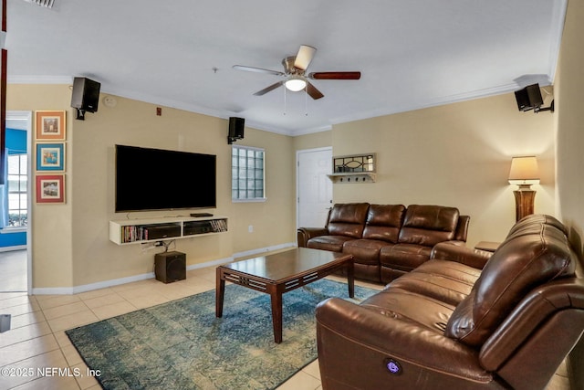 1655 The Greens Way Unit 3416, Jacksonville Beach, FL 32250 - living area with a ceiling fan, tile patterned floors, ornamental molding, baseboards, and plenty of natural light