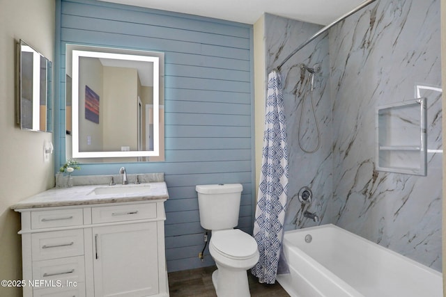 1655 The Greens Way Unit 3416, Jacksonville Beach, FL 32250 - bathroom with toilet, shower / bath combination with curtain, vanity, wood walls, and wood finished floors