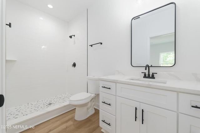 1873 Openwoods Rd, Middleburg, FL 32068 - full bath featuring vanity, a shower stall, toilet, wood finished floors, and recessed lighting